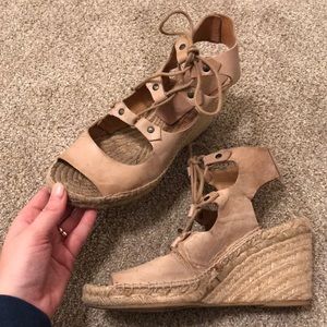 Nude, cross-cross, peep-toe espadrille wedges